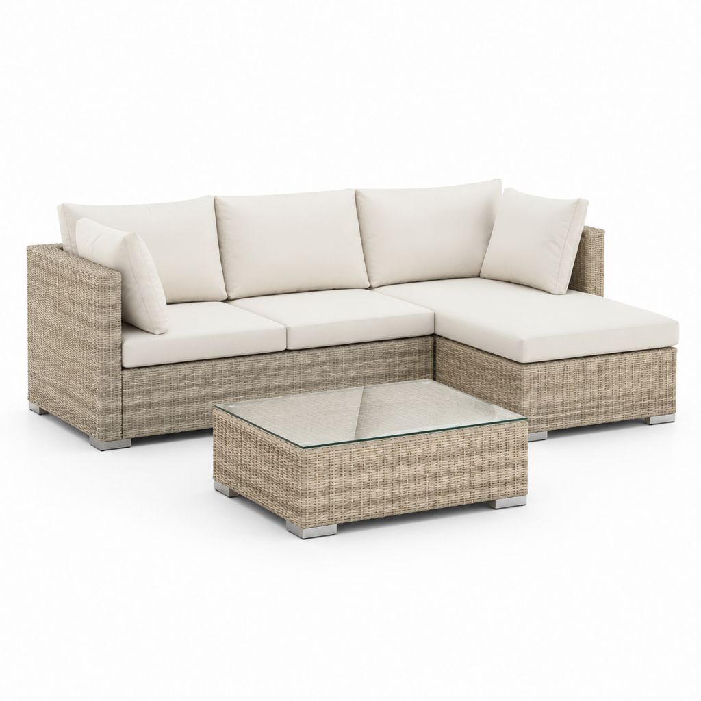 Set divano angolare da giardino 3 posti beige in rattan PE con tavolino rettangolare 210 x 150 x 65 cm