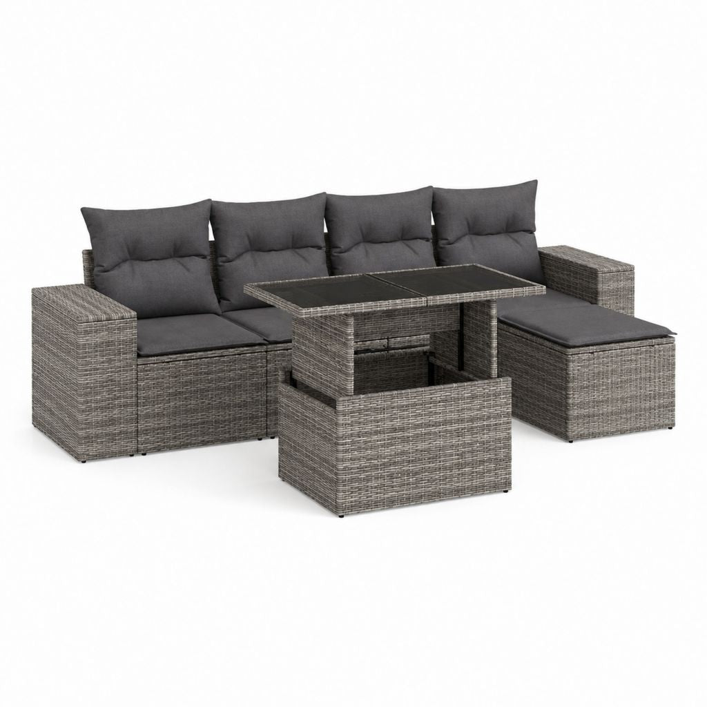 Set divani da giardino angolare 4 pezzi grigio in rattan PE con tavolo elevabile 194 x 124 x 71 cm