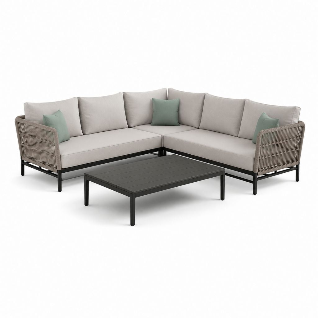 Set divano da giardino angolare con tavolino grigio beige in alluminio e corda 240 x 180 cm
