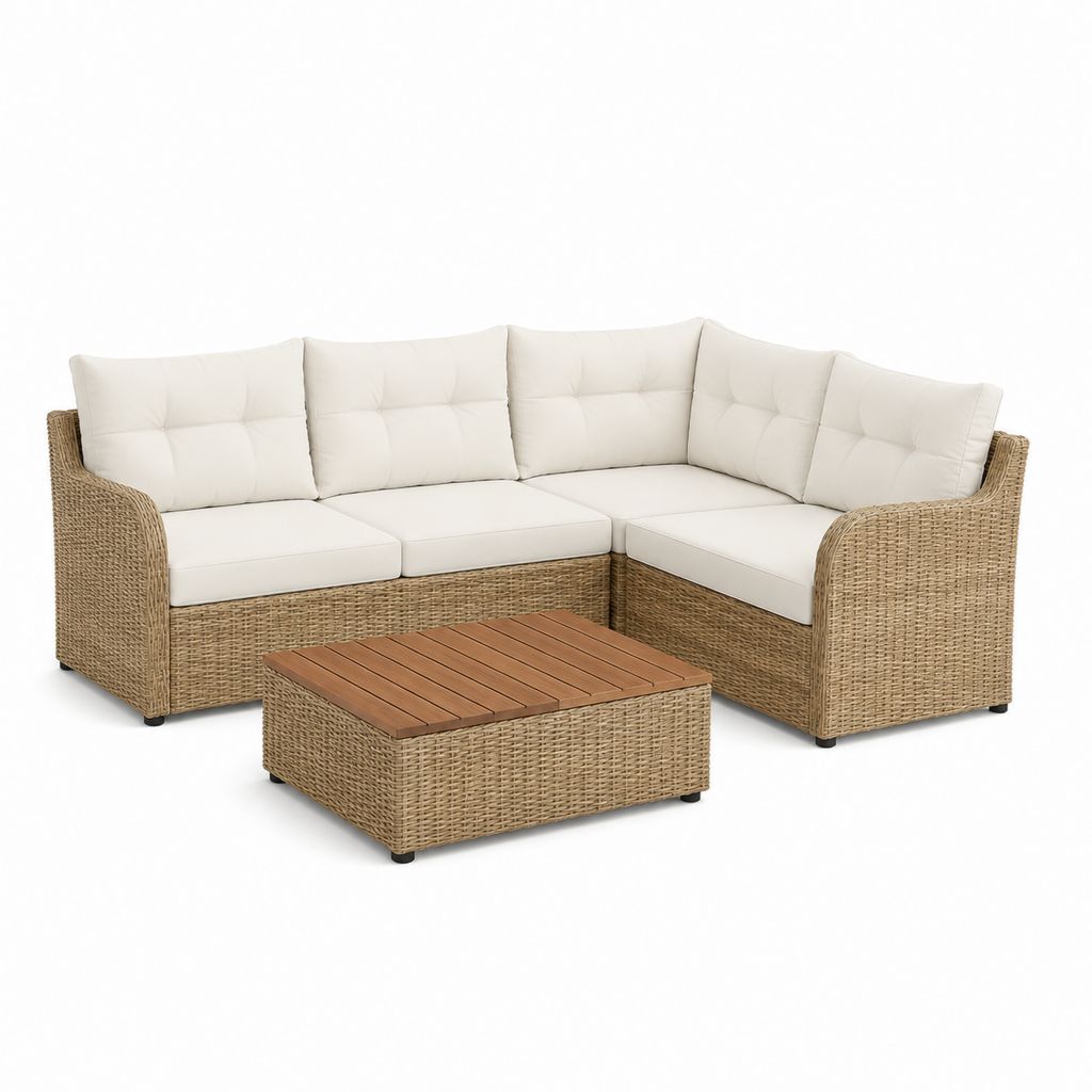 Set divano da giardino angolare 4 posti beige in rattan sintetico PE con tavolino in acacia 220 x 220 x 72 cm