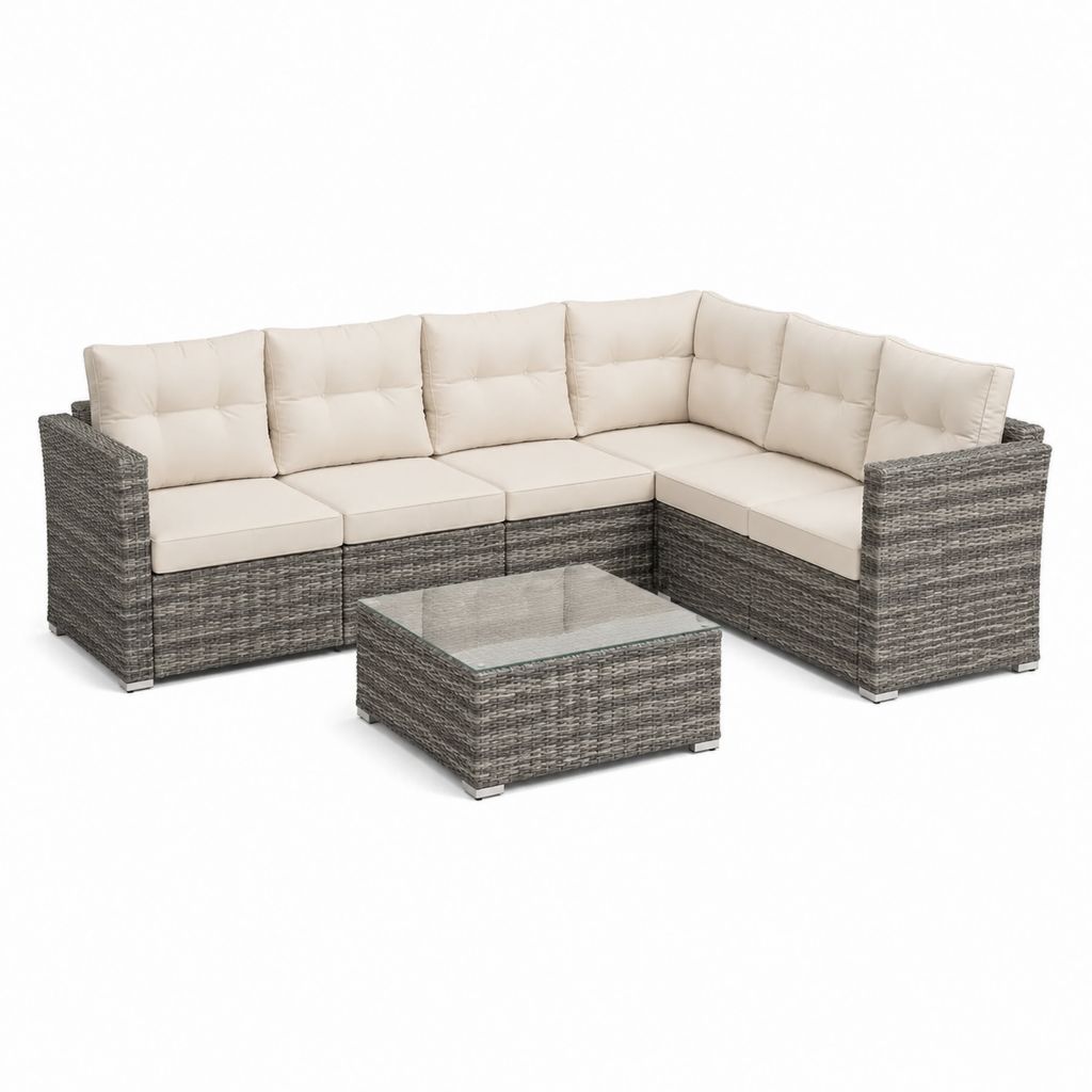 Set divano da giardino angolare 5 posti con tavolino grigio in rattan PE e cuscini crema 280 x 210 x 65 cm