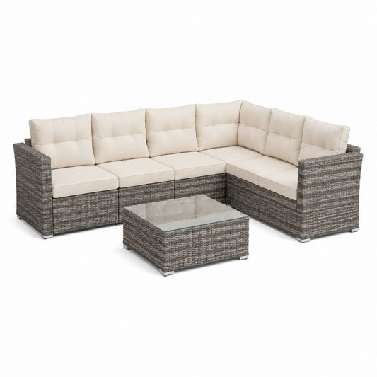 Set divano da giardino angolare 5 posti con tavolino grigio in rattan PE e cuscini crema 280 x 210 x 65 cm
