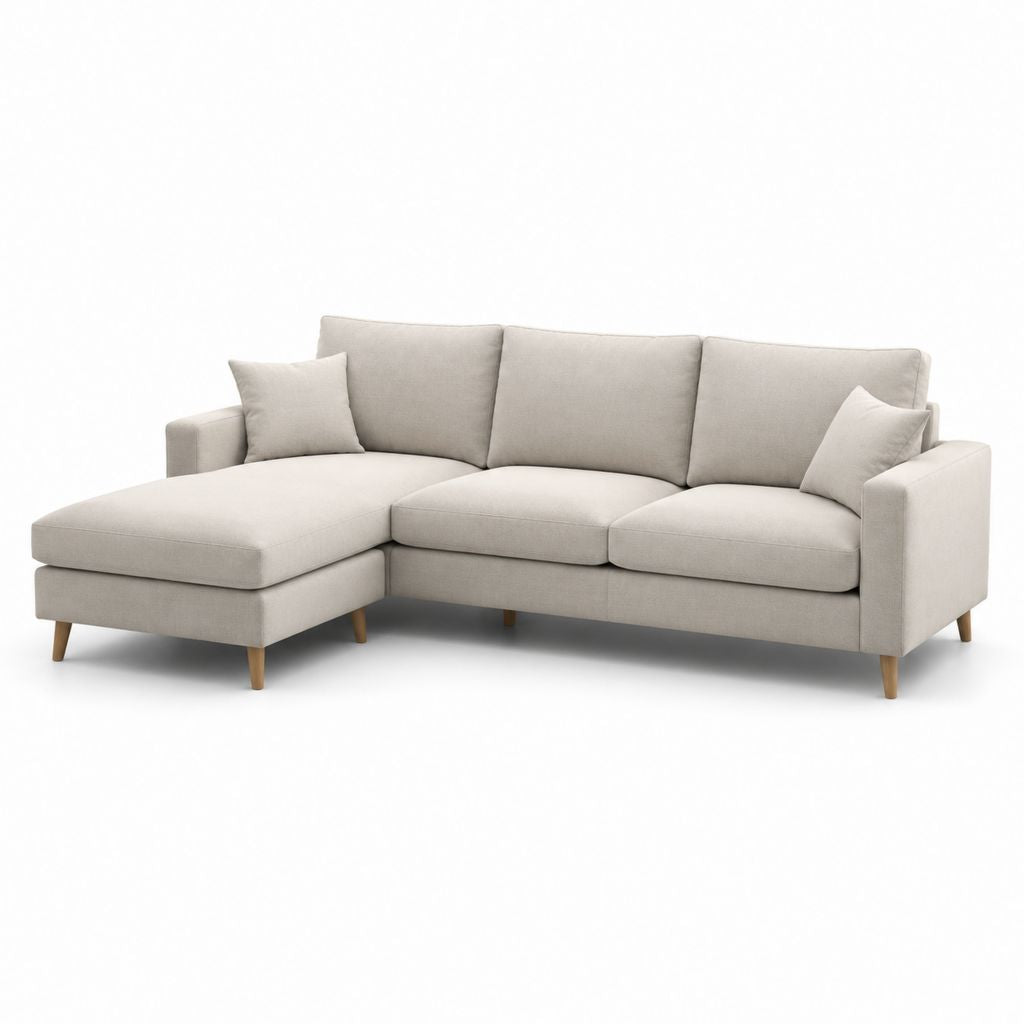 Divano angolare 3 posti con chaise longue sinistra beige in poliestere 230 x 150 x 85 cm