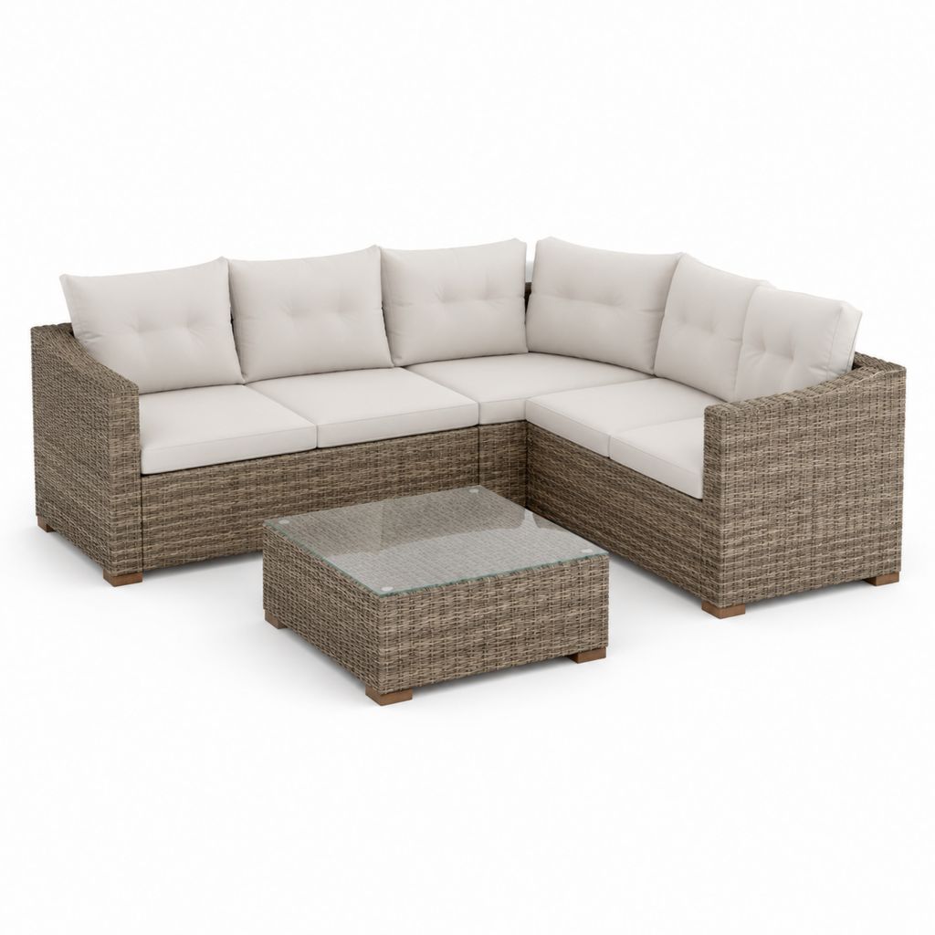 Set divano angolare da giardino 5 posti marrone in rattan PE con cuscini beige e tavolino 210 x 210 x 64 cm