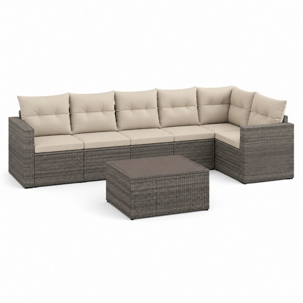 Set divano angolare da giardino con tavolino grigio beige in rattan PE e acciaio 280 x 210 cm