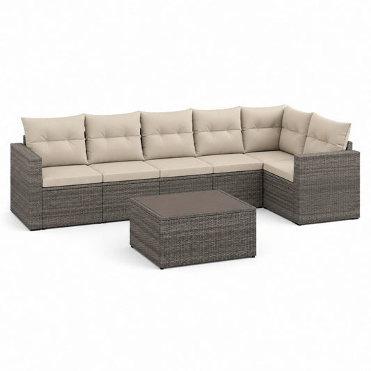 Set divano angolare da giardino con tavolino grigio beige in rattan PE e acciaio 280 x 210 cm