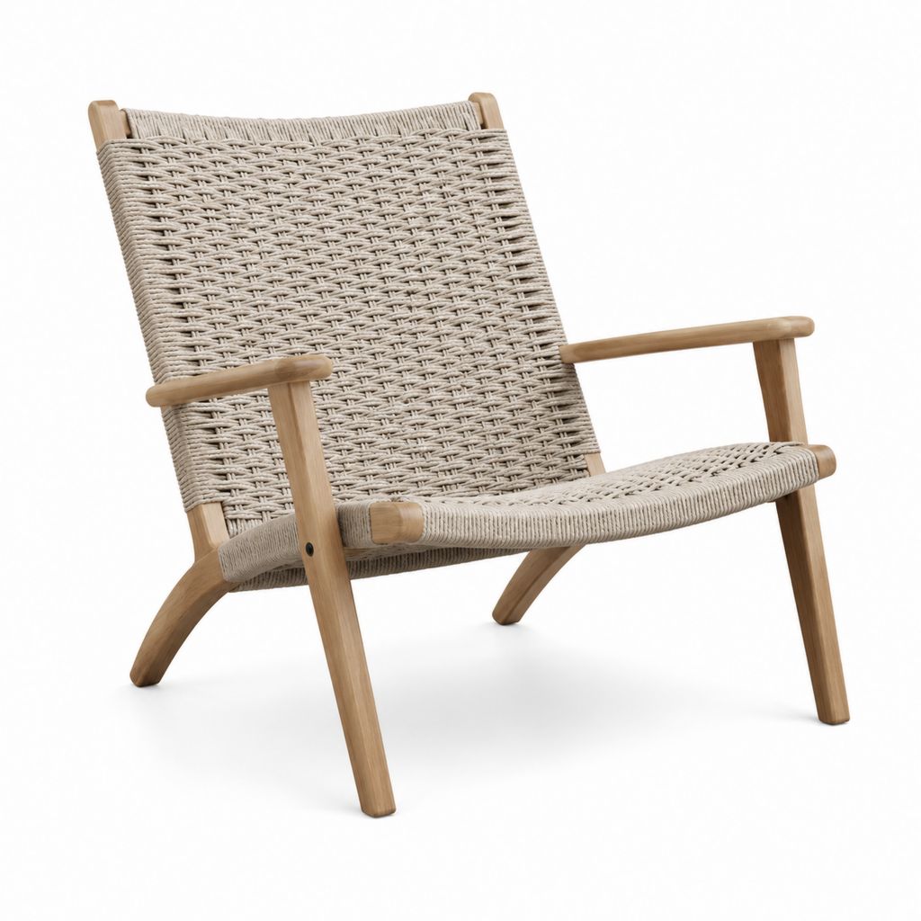Poltrona lounge reclinata naturale in rovere massello e corda di carta 71 x 73 x 73 cm