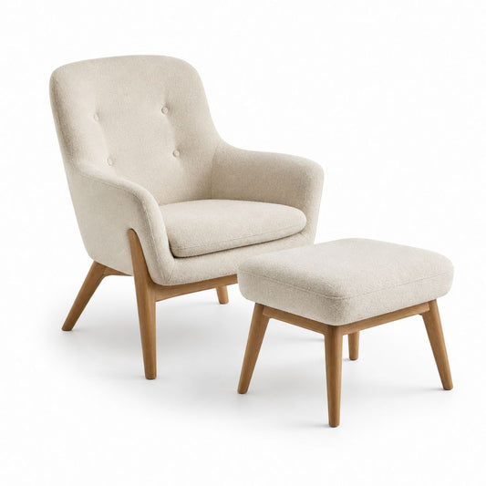 Poltrona relax con poggiapiedi beige in poliestere bouclé e legno massello 72 x 78 x 98 cm