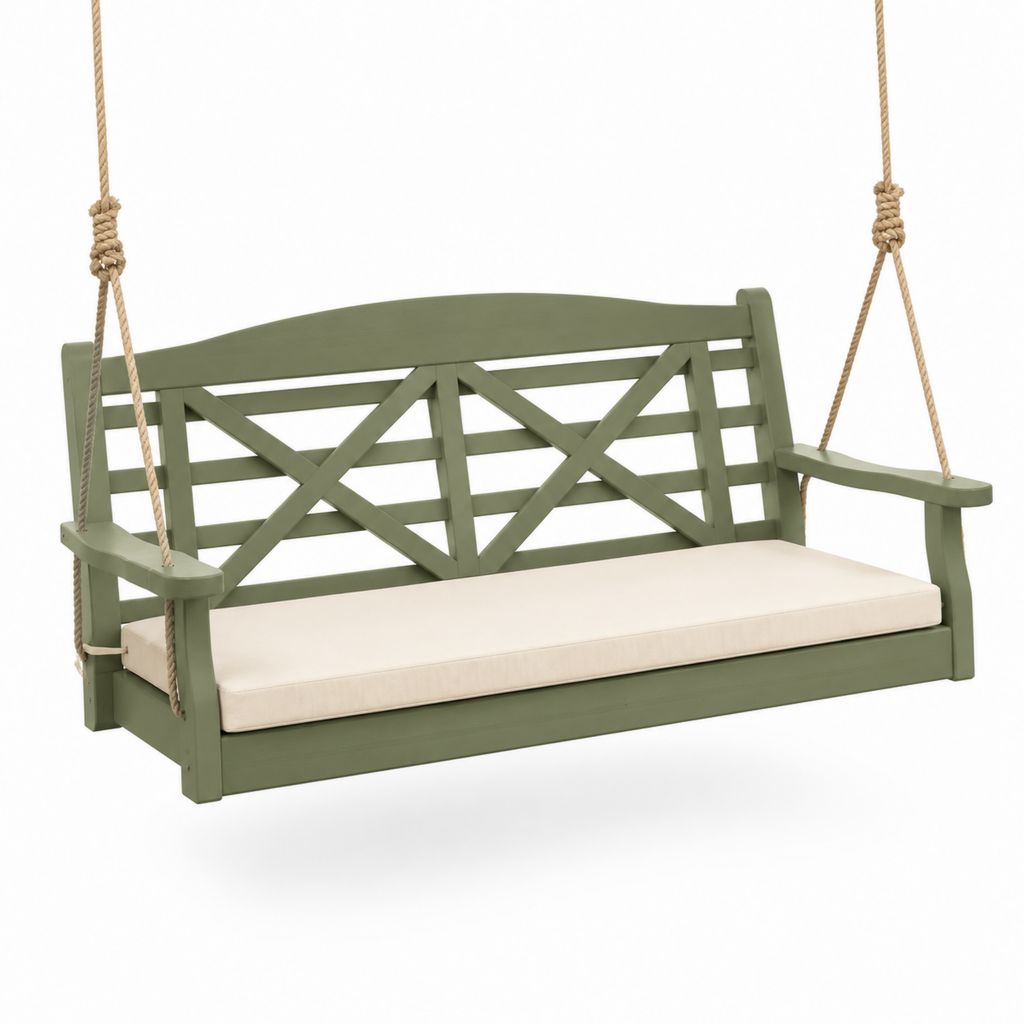 Dondolo da giardino sospeso 3 posti verde in legno massello con cuscino 122 x 65 x 55 cm