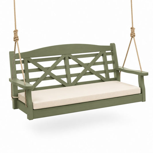 Dondolo da giardino sospeso 3 posti verde in legno massello con cuscino 122 x 65 x 55 cm
