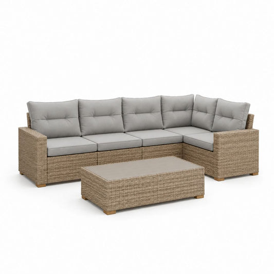 Set divano da giardino angolare 5 posti in rattan PE beige con cuscini grigi e tavolino 250 x 190 cm