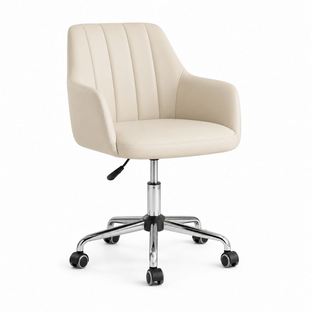 Sedia da ufficio girevole beige in similpelle PU con seduta arrotondata e ruote 60 x 60 x 88-98 cm