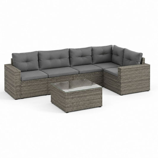 Set divano da giardino angolare 5 posti in rattan PE grigio con cuscini e tavolino 240 x 180 x 65 cm