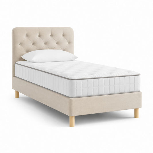 Letto singolo a molle beige con rivestimento in poliestere e testiera capitonné 90 x 200 cm