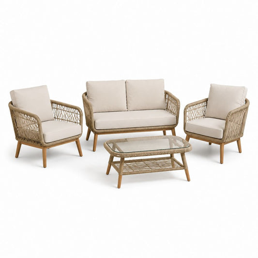 Salotto da giardino 4 pezzi beige in rattan PE con divano 2 posti poltrone e tavolino 110 x 60 x 45 cm