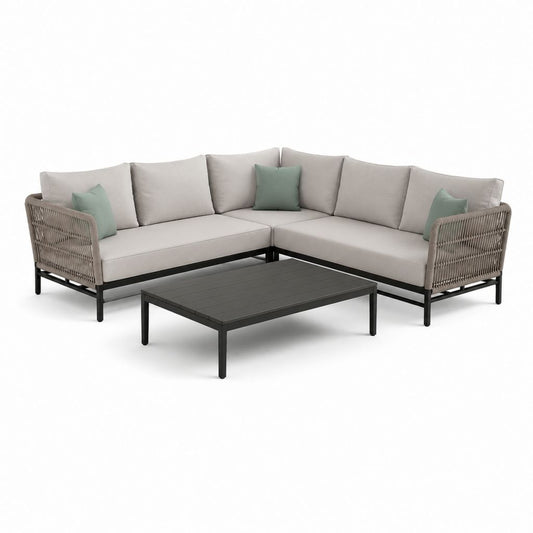 Set divano da giardino angolare con tavolino grigio beige in alluminio e corda 240 x 180 cm