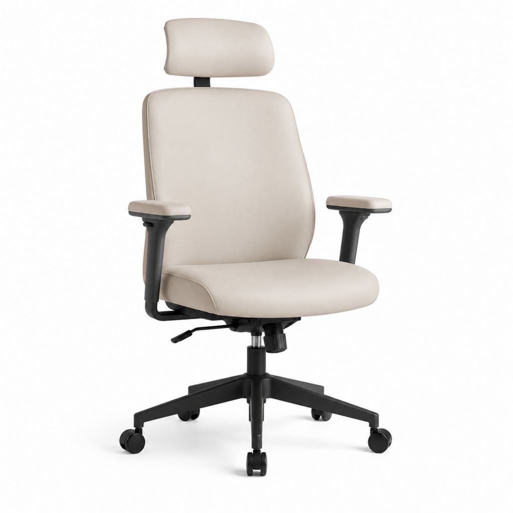 Sedia da ufficio ergonomica beige in pelle PU con poggiatesta e braccioli regolabili 66 x 66 x 118-128 cm