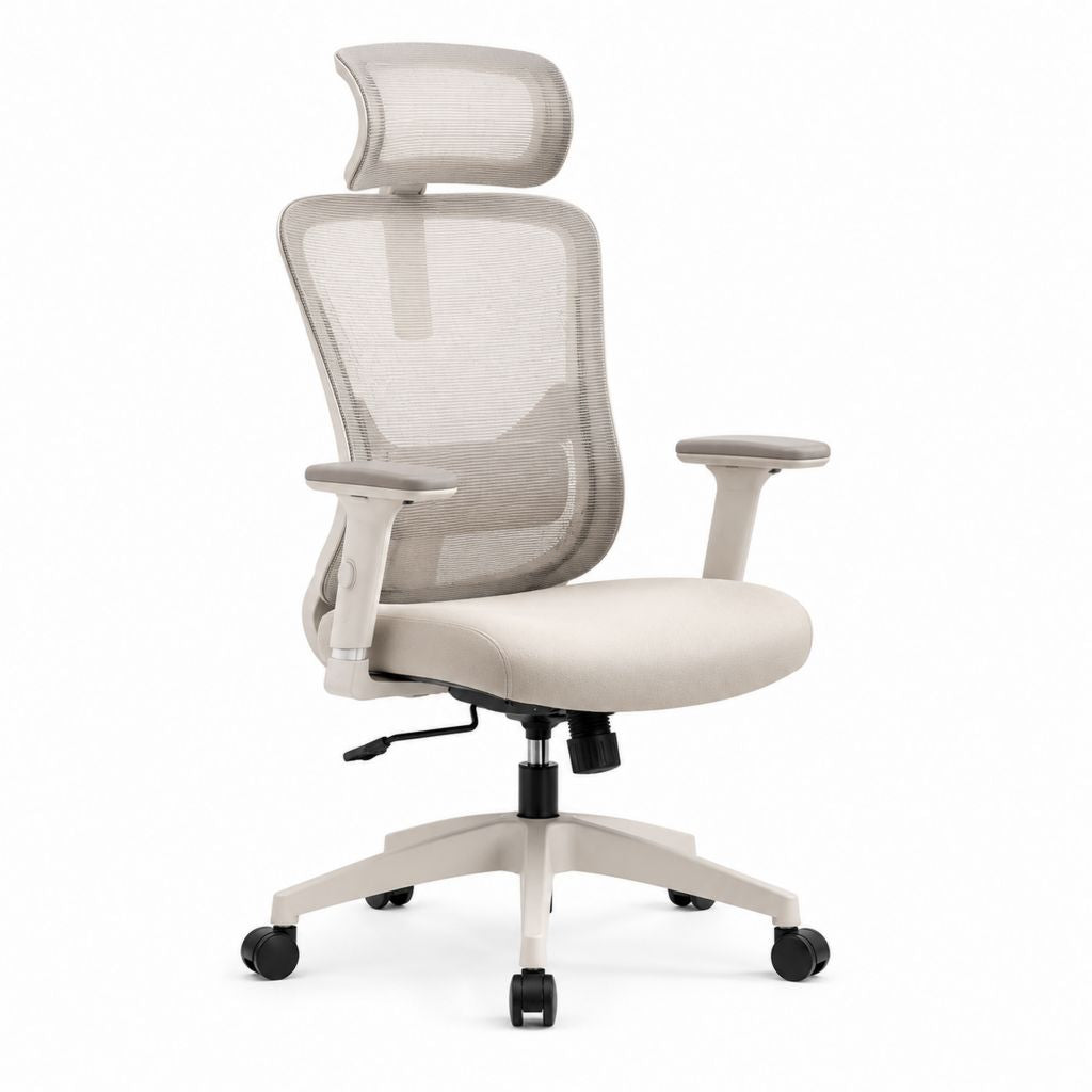 Sedia da ufficio ergonomica beige in rete di poliestere con poggiatesta braccioli regolabili e ruote 65 x 65 x 118-128 cm