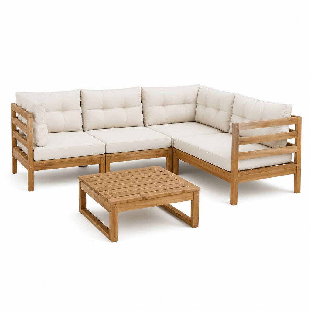 Set divano angolare da giardino 4 pezzi naturale e crema in legno massello di acacia con cuscini 204 x 204 x 65 cm