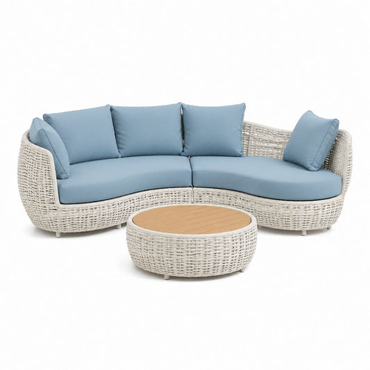 Set divano da giardino 2 posti curvo con tavolino rotondo bianco e azzurro in rattan PE e alluminio 220 x 95 x 75 cm